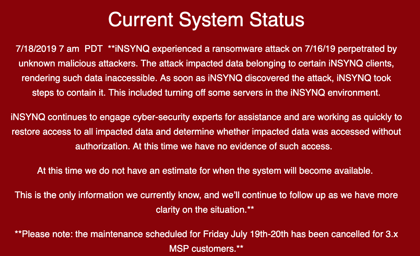 Ransomware attack at iNSYNQ