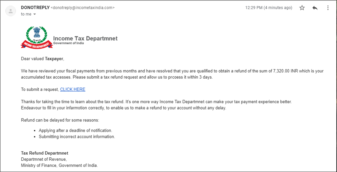 A spoofed email impersonating the legitimate email to run a phishing campaign